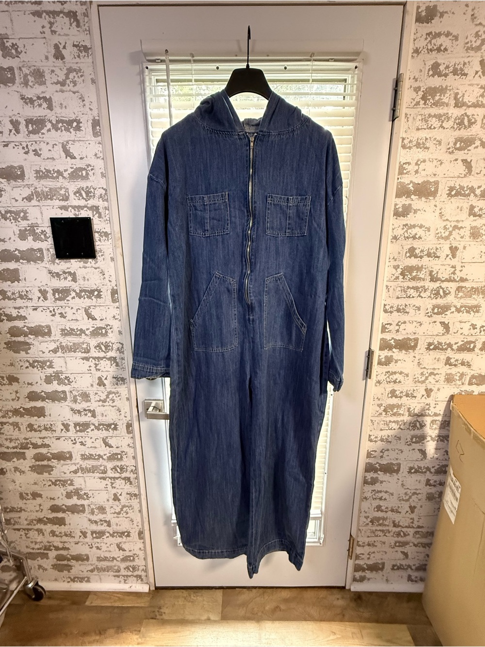 Denim Hooded Zip-Front Jumpsuit in Deep Blue - Picture 4 of 10